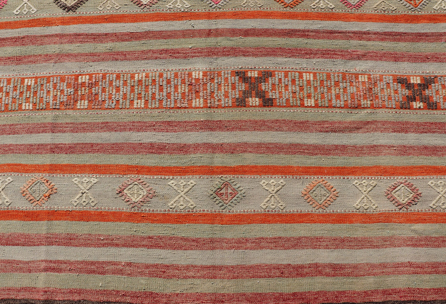 Vintage Turkish Kilim with with Embroideries in Colorful Stripes including Orange, Lt. green, red & gray, charcoal and teal blue. Measures:6'8 x 11'4 Vintage Turkish Kilim rug with geometric shapes and colorful stripes. Keivan Woven Arts / rug TU... - Keivan Woven ArtsTU - NED - 1030 - 14330Rug