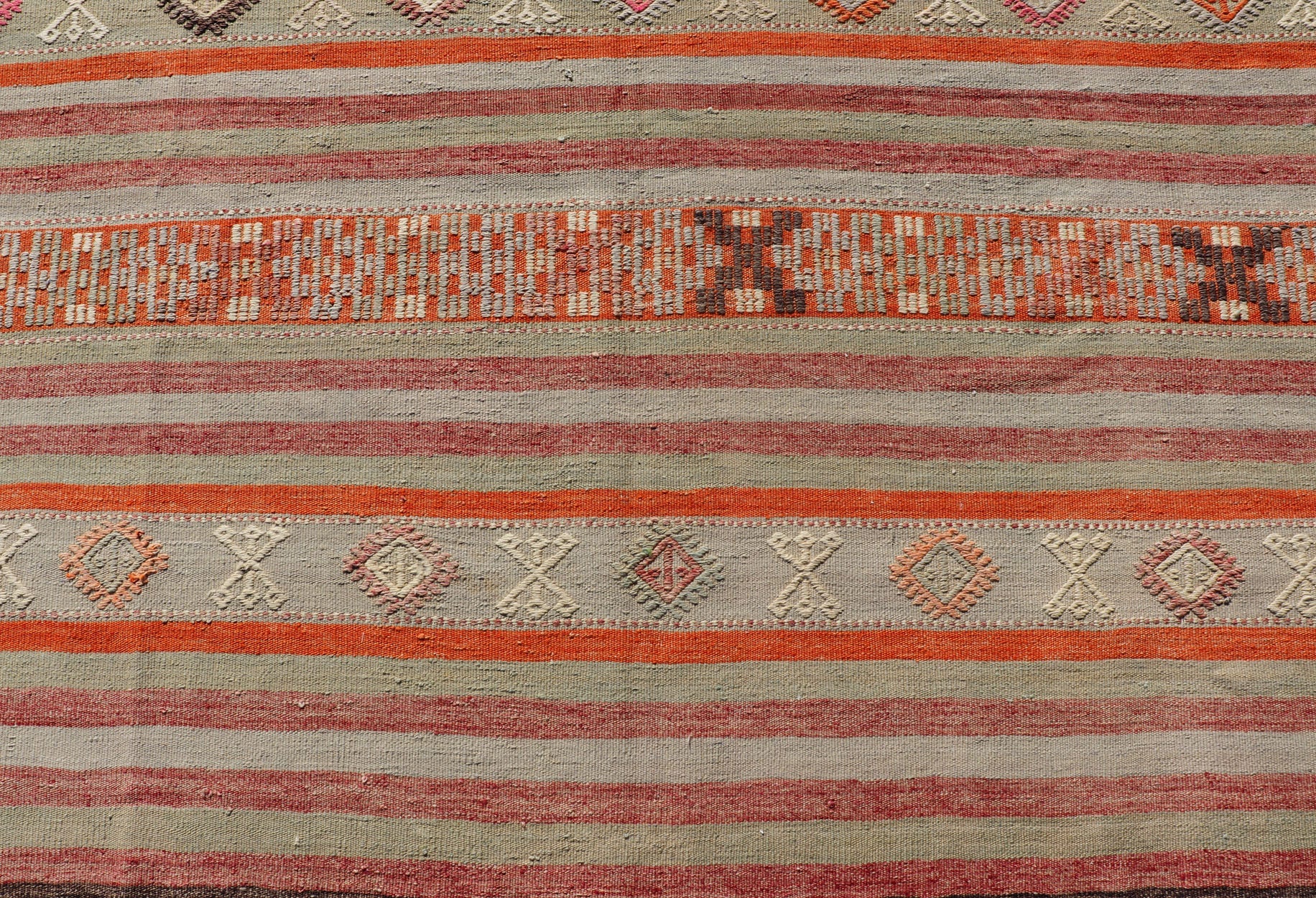 Vintage Turkish Kilim with with Embroideries in Colorful Stripes including Orange, Lt. green, red & gray, charcoal and teal blue. Measures:6'8 x 11'4 Vintage Turkish Kilim rug with geometric shapes and colorful stripes. Keivan Woven Arts / rug TU... - Keivan Woven ArtsTU - NED - 1030 - 14330Rug