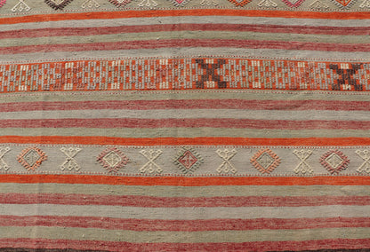 Vintage Turkish Kilim with with Embroideries in Colorful Stripes including Orange, Lt. green, red & gray, charcoal and teal blue. Measures:6'8 x 11'4 Vintage Turkish Kilim rug with geometric shapes and colorful stripes. Keivan Woven Arts / rug TU... - Keivan Woven ArtsTU - NED - 1030 - 14330Rug