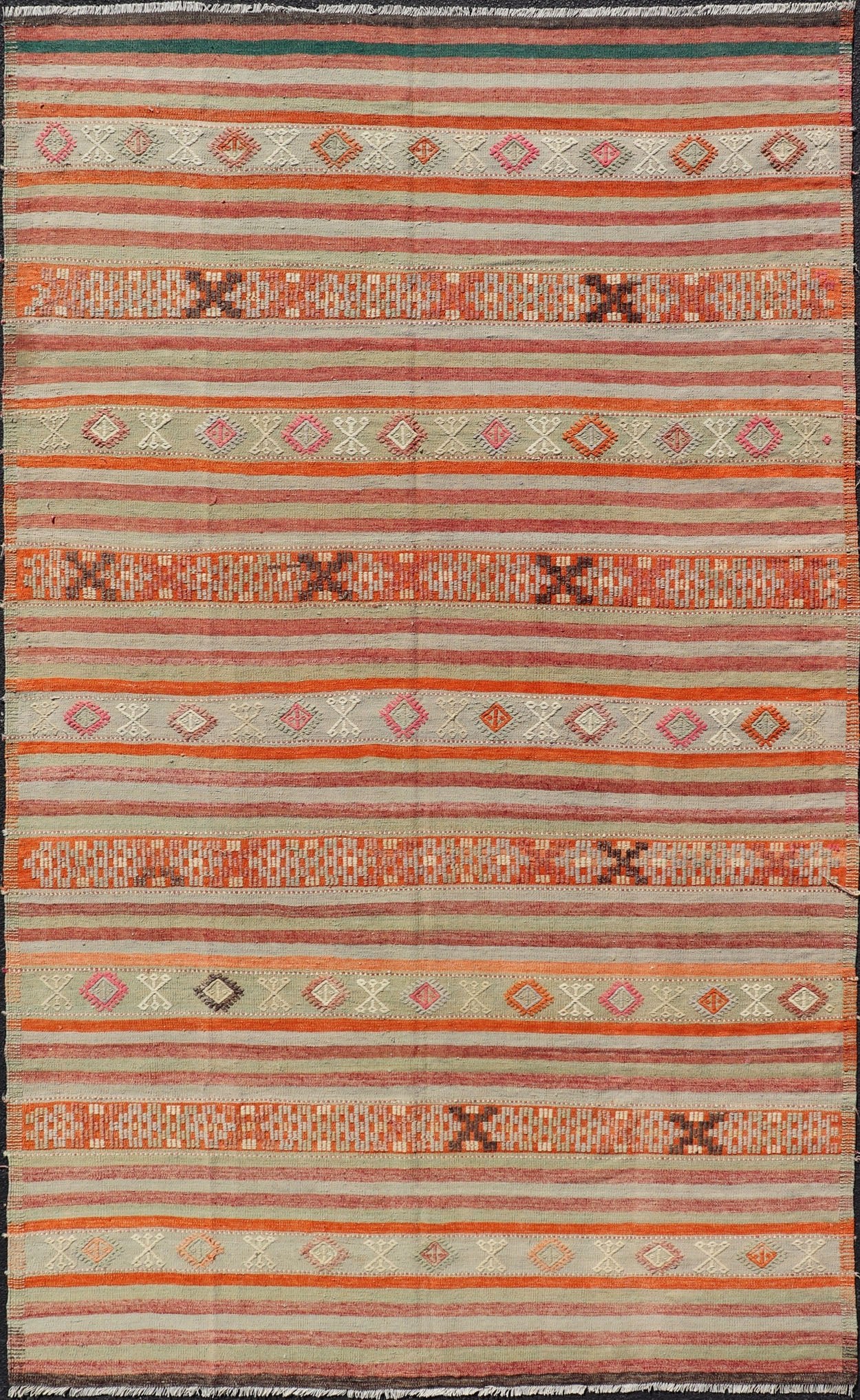 Vintage Turkish Kilim with with Embroideries in Colorful Stripes including Orange, Lt. green, red & gray, charcoal and teal blue. Measures:6'8 x 11'4 Vintage Turkish Kilim rug with geometric shapes and colorful stripes. Keivan Woven Arts / rug TU... - Keivan Woven ArtsTU - NED - 1030 - 14330Rug