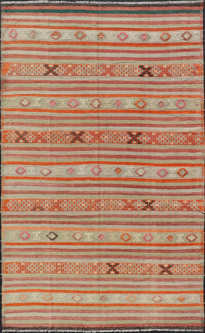 Vintage Turkish Kilim with with Embroideries in Colorful Stripes including Orange, Lt. green, red & gray, charcoal and teal blue. Measures:6'8 x 11'4 Vintage Turkish Kilim rug with geometric shapes and colorful stripes. Keivan Woven Arts / rug TU... - Keivan Woven ArtsTU - NED - 1030 - 14330Rug