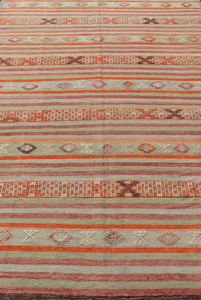Vintage Turkish Kilim with with Embroideries in Colorful Stripes including Orange, Lt. green, red & gray, charcoal and teal blue. Measures:6'8 x 11'4 Vintage Turkish Kilim rug with geometric shapes and colorful stripes. Keivan Woven Arts / rug TU... - Keivan Woven ArtsTU - NED - 1030 - 14330Rug