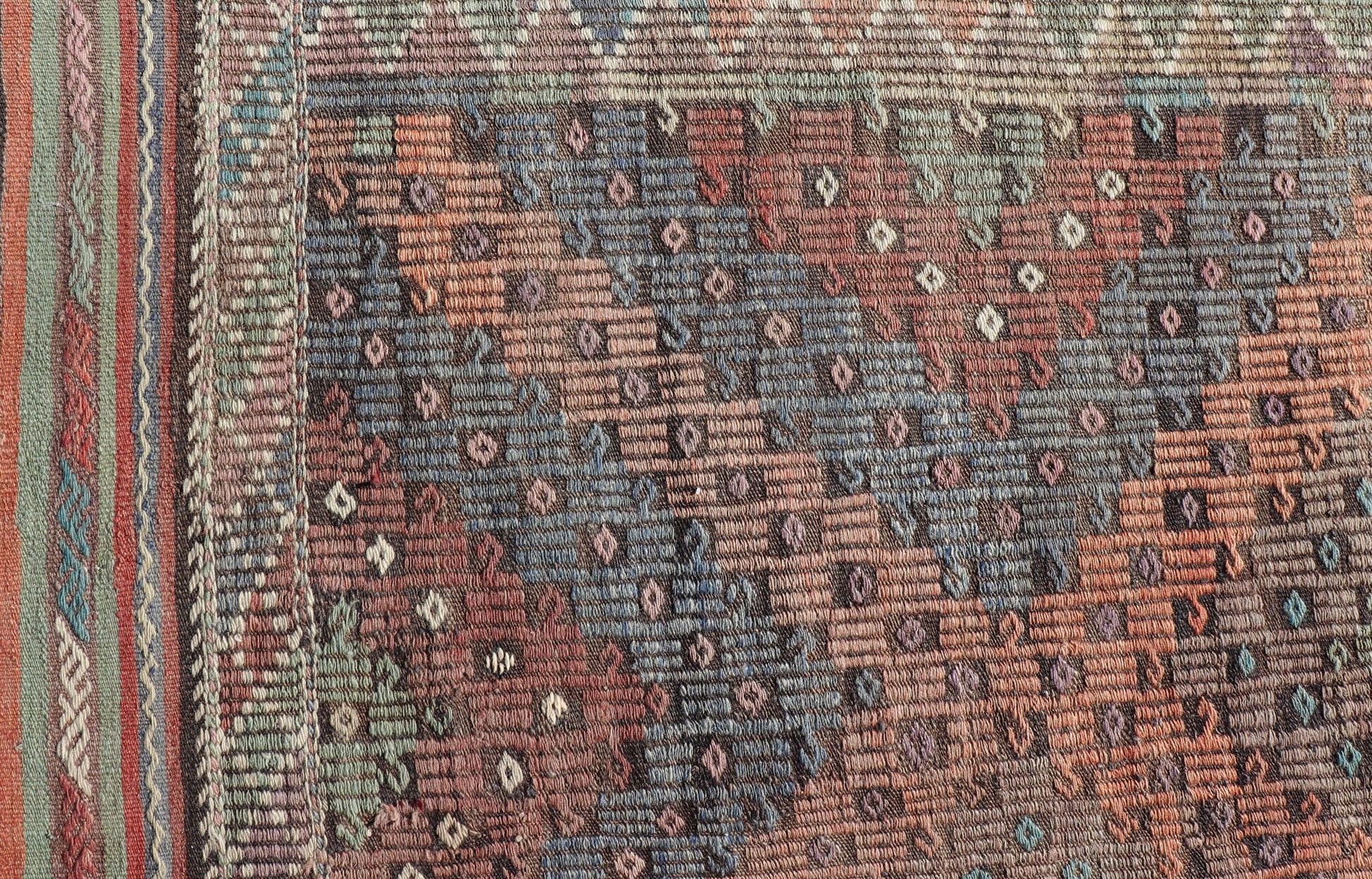Softly Colored Turkish Vintage Embroidered Kilim Rug With Multi Layered Diamond. Turkish Vintage Embroidered Flat Weave Rug With Tribal multi layered Diamond design and medium color tones in Gray, Blue, Green, light Tangerine and cream colors, ... - Keivan Woven ArtsTU - NED - 1032 - 14336Rug