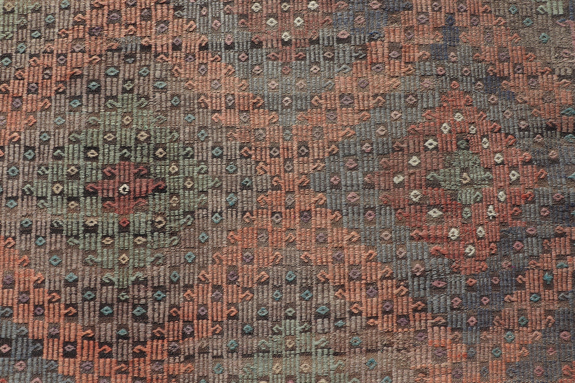 Softly Colored Turkish Vintage Embroidered Kilim Rug With Multi Layered Diamond. Turkish Vintage Embroidered Flat Weave Rug With Tribal multi layered Diamond design and medium color tones in Gray, Blue, Green, light Tangerine and cream colors, ... - Keivan Woven ArtsTU - NED - 1032 - 14336Rug