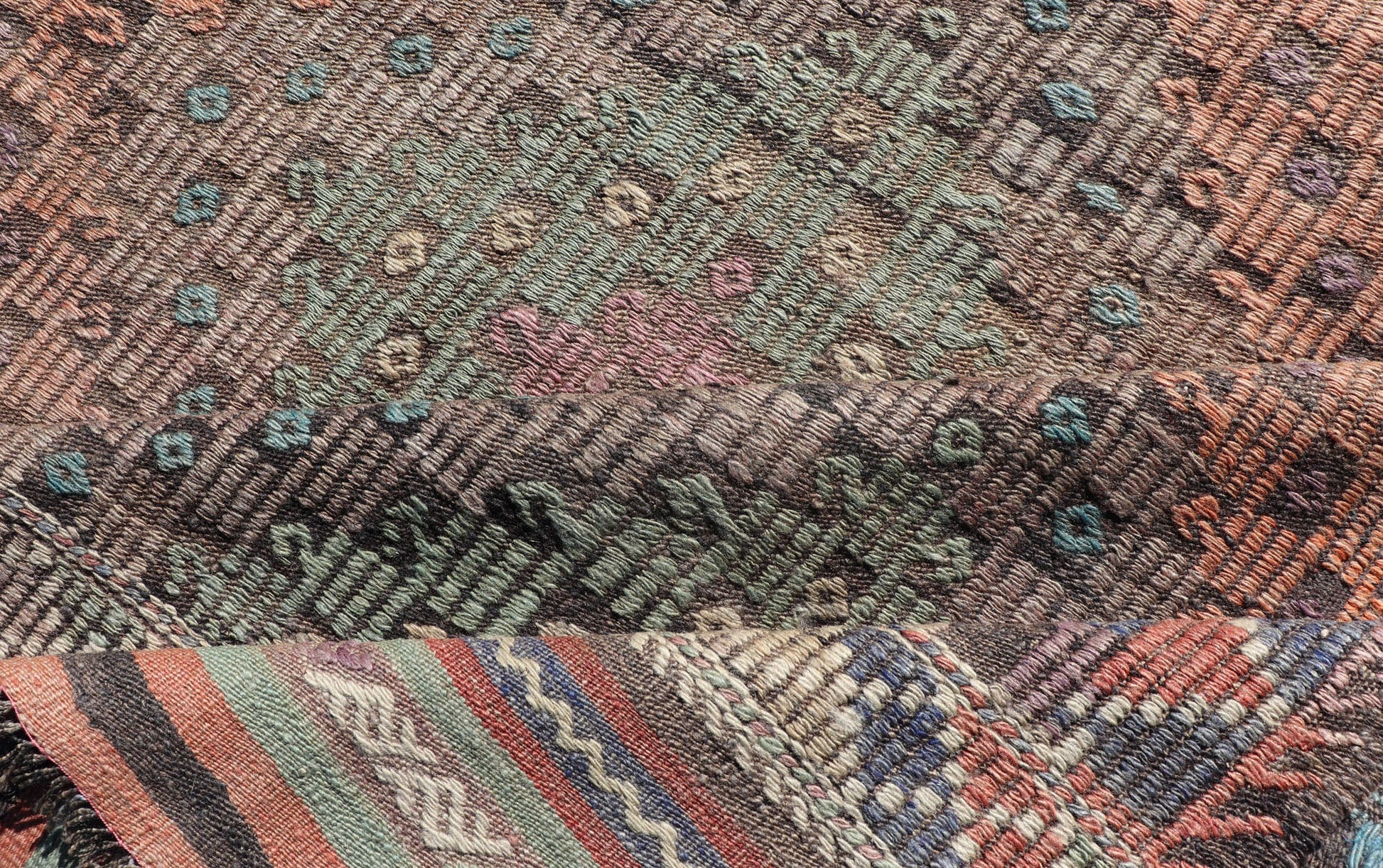 Softly Colored Turkish Vintage Embroidered Kilim Rug With Multi Layered Diamond. Turkish Vintage Embroidered Flat Weave Rug With Tribal multi layered Diamond design and medium color tones in Gray, Blue, Green, light Tangerine and cream colors, ... - Keivan Woven ArtsTU - NED - 1032 - 14336Rug