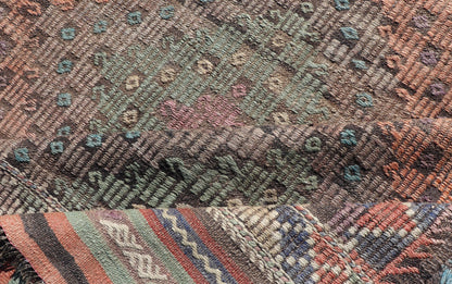 Softly Colored Turkish Vintage Embroidered Kilim Rug With Multi Layered Diamond. Turkish Vintage Embroidered Flat Weave Rug With Tribal multi layered Diamond design and medium color tones in Gray, Blue, Green, light Tangerine and cream colors, ... - Keivan Woven ArtsTU - NED - 1032 - 14336Rug