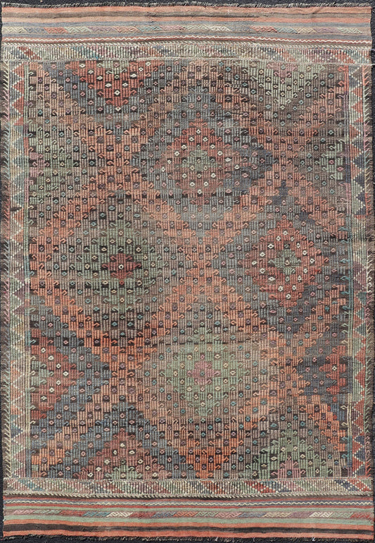 Softly Colored Turkish Vintage Embroidered Kilim Rug With Multi Layered Diamond. Turkish Vintage Embroidered Flat Weave Rug With Tribal multi layered Diamond design and medium color tones in Gray, Blue, Green, light Tangerine and cream colors, ... - Keivan Woven ArtsTU - NED - 1032 - 14336