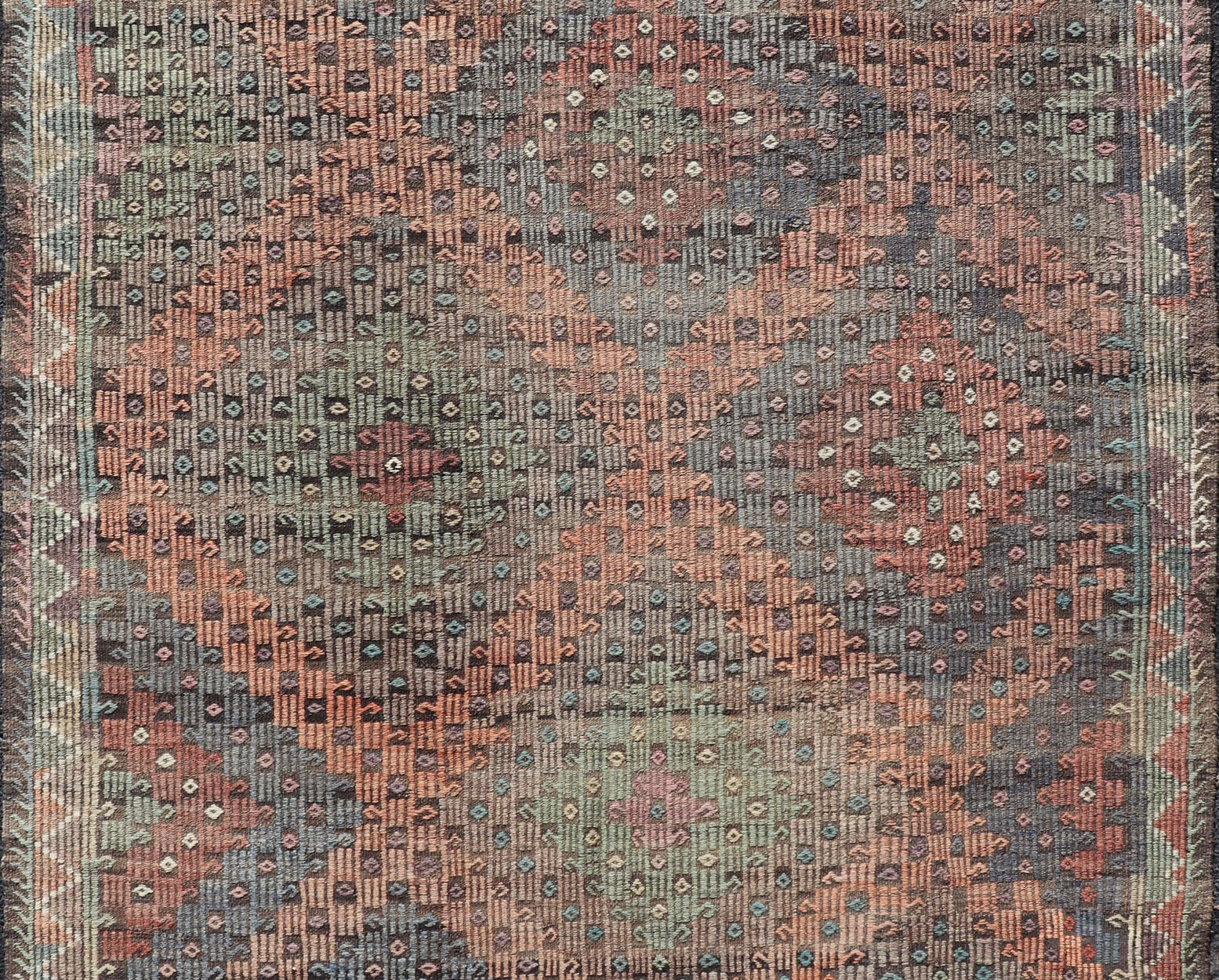 Softly Colored Turkish Vintage Embroidered Kilim Rug With Multi Layered Diamond. Turkish Vintage Embroidered Flat Weave Rug With Tribal multi layered Diamond design and medium color tones in Gray, Blue, Green, light Tangerine and cream colors, ... - Keivan Woven ArtsTU - NED - 1032 - 14336Rug