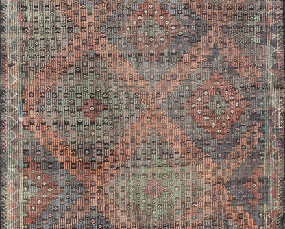 Softly Colored Turkish Vintage Embroidered Kilim Rug With Multi Layered Diamond. Turkish Vintage Embroidered Flat Weave Rug With Tribal multi layered Diamond design and medium color tones in Gray, Blue, Green, light Tangerine and cream colors, ... - Keivan Woven ArtsTU - NED - 1032 - 14336Rug