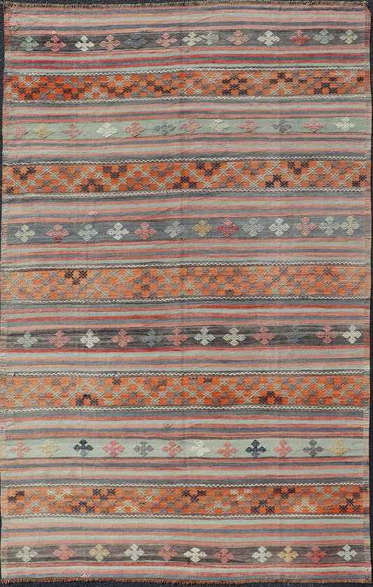 Turkish Kilim Vintage Rug with Assorted Stripe Design in a Variety of Colors. Turkish Kilim vintage rug with assorted stripe design in a variety of colors, Keivan Woven Arts / rugTU - NED - 1033, country of origin / type: Turkey / Kilim, circa mid - 20th ... - Keivan Woven ArtsTU - NED - 1033 - 14342