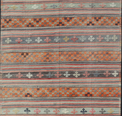 Turkish Kilim Vintage Rug with Assorted Stripe Design in a Variety of Colors. Turkish Kilim vintage rug with assorted stripe design in a variety of colors, Keivan Woven Arts / rugTU - NED - 1033, country of origin / type: Turkey / Kilim, circa mid - 20th ... - Keivan Woven ArtsTU - NED - 1033 - 14342Rug