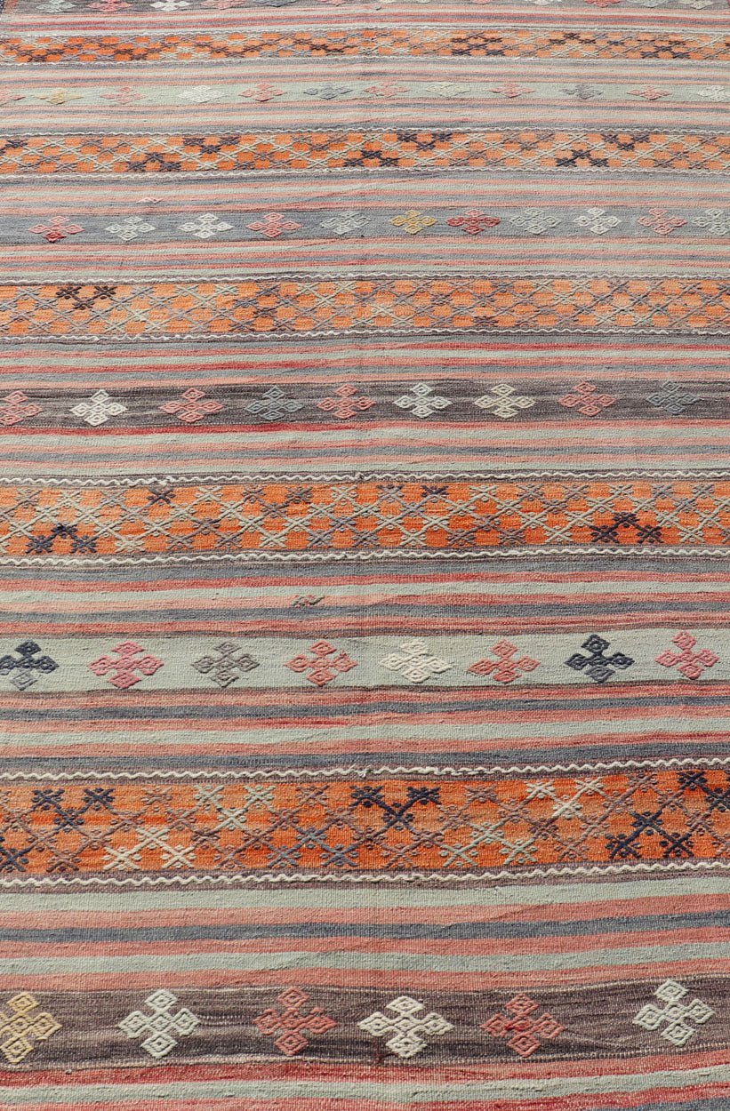 Turkish Kilim Vintage Rug with Assorted Stripe Design in a Variety of Colors. Turkish Kilim vintage rug with assorted stripe design in a variety of colors, Keivan Woven Arts / rugTU - NED - 1033, country of origin / type: Turkey / Kilim, circa mid - 20th ... - Keivan Woven ArtsTU - NED - 1033 - 14342Rug