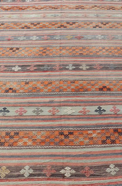 Turkish Kilim Vintage Rug with Assorted Stripe Design in a Variety of Colors. Turkish Kilim vintage rug with assorted stripe design in a variety of colors, Keivan Woven Arts / rugTU - NED - 1033, country of origin / type: Turkey / Kilim, circa mid - 20th ... - Keivan Woven ArtsTU - NED - 1033 - 14342Rug