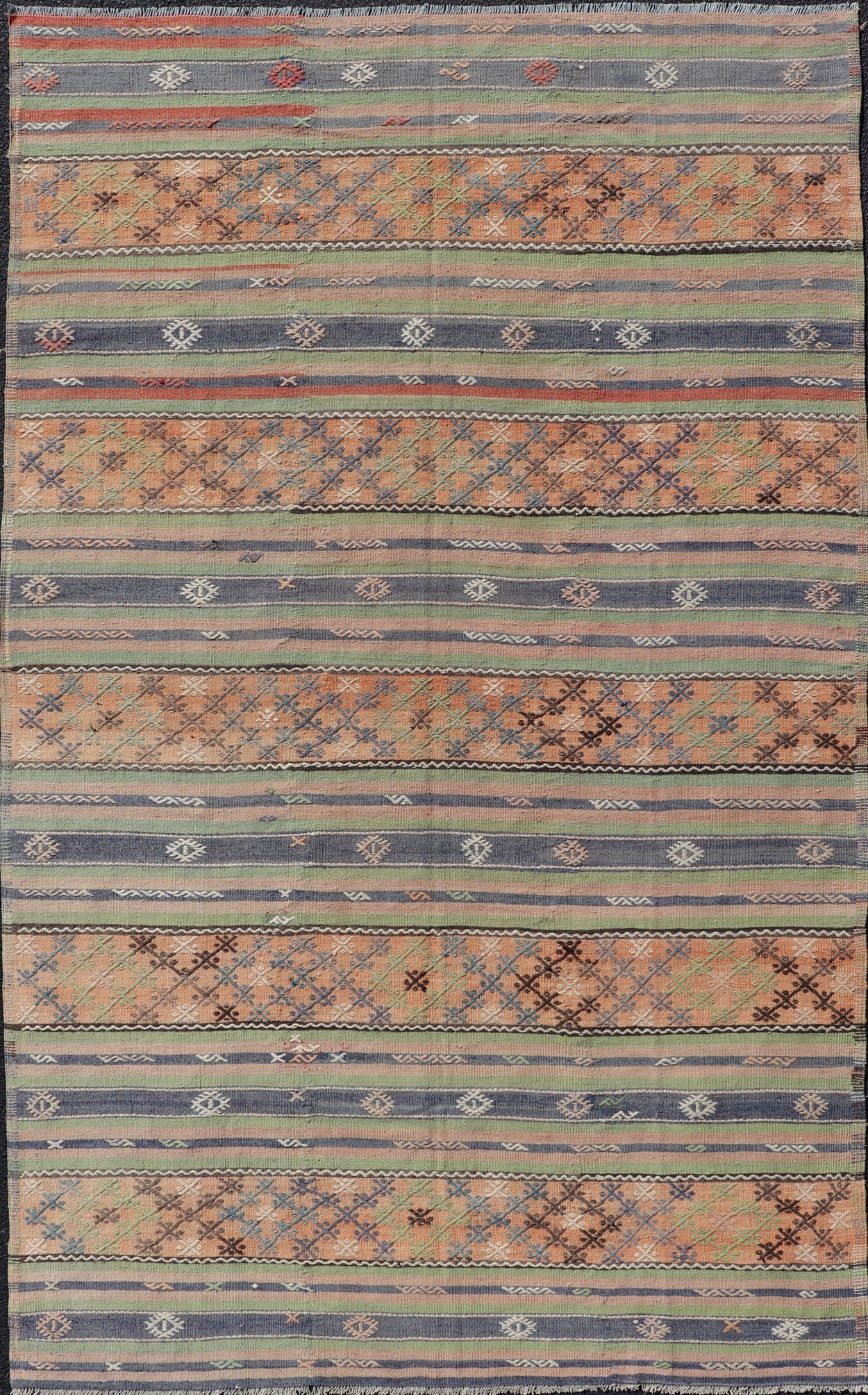 Colorful Turkish Kilim with Stripes and Geometric Motifs in Orange and Green Colorful Turkish Kilim rug with stripes and geometric elements, Keivan Woven Arts / rug TU - NED - 1034, country of origin / type: Turkey / Kilim, circa mid - 20th century. ... - Keivan Woven ArtsTU - NED - 1034 - 14346Rug