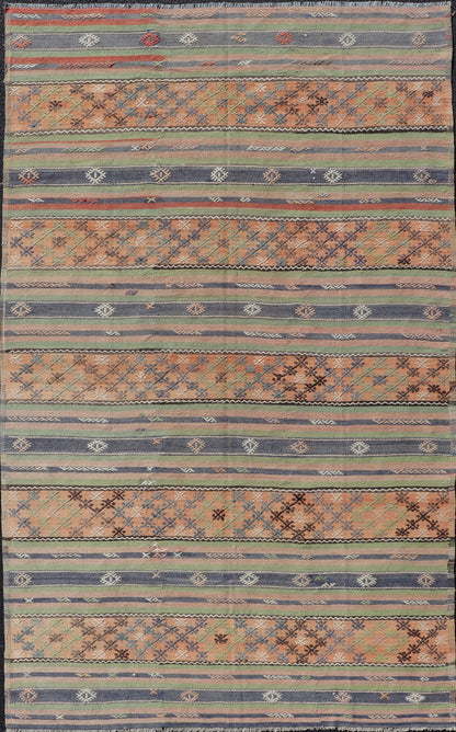 Colorful Turkish Kilim with Stripes and Geometric Motifs in Orange and Green Colorful Turkish Kilim rug with stripes and geometric elements, Keivan Woven Arts / rug TU - NED - 1034, country of origin / type: Turkey / Kilim, circa mid - 20th century. ... - Keivan Woven ArtsTU - NED - 1034 - 14346Rug