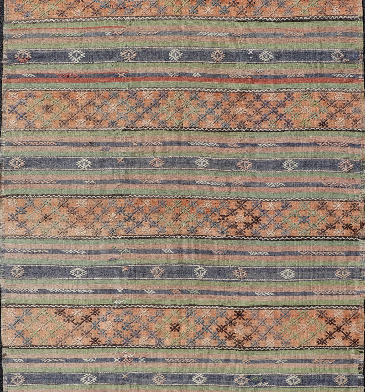 Colorful Turkish Kilim with Stripes and Geometric Motifs in Orange and Green Colorful Turkish Kilim rug with stripes and geometric elements, Keivan Woven Arts / rug TU - NED - 1034, country of origin / type: Turkey / Kilim, circa mid - 20th century. ... - Keivan Woven ArtsTU - NED - 1034 - 14346Rug
