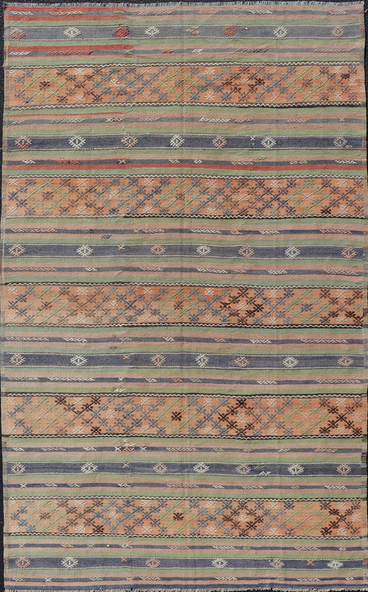 Colorful Turkish Kilim with Stripes and Geometric Motifs in Orange and Green Colorful Turkish Kilim rug with stripes and geometric elements, Keivan Woven Arts / rug TU - NED - 1034, country of origin / type: Turkey / Kilim, circa mid - 20th century. ... - Keivan Woven ArtsTU - NED - 1034 - 14346
