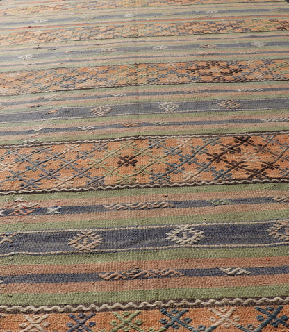 Colorful Turkish Kilim with Stripes and Geometric Motifs in Orange and Green Colorful Turkish Kilim rug with stripes and geometric elements, Keivan Woven Arts / rug TU - NED - 1034, country of origin / type: Turkey / Kilim, circa mid - 20th century. ... - Keivan Woven ArtsTU - NED - 1034 - 14346Rug