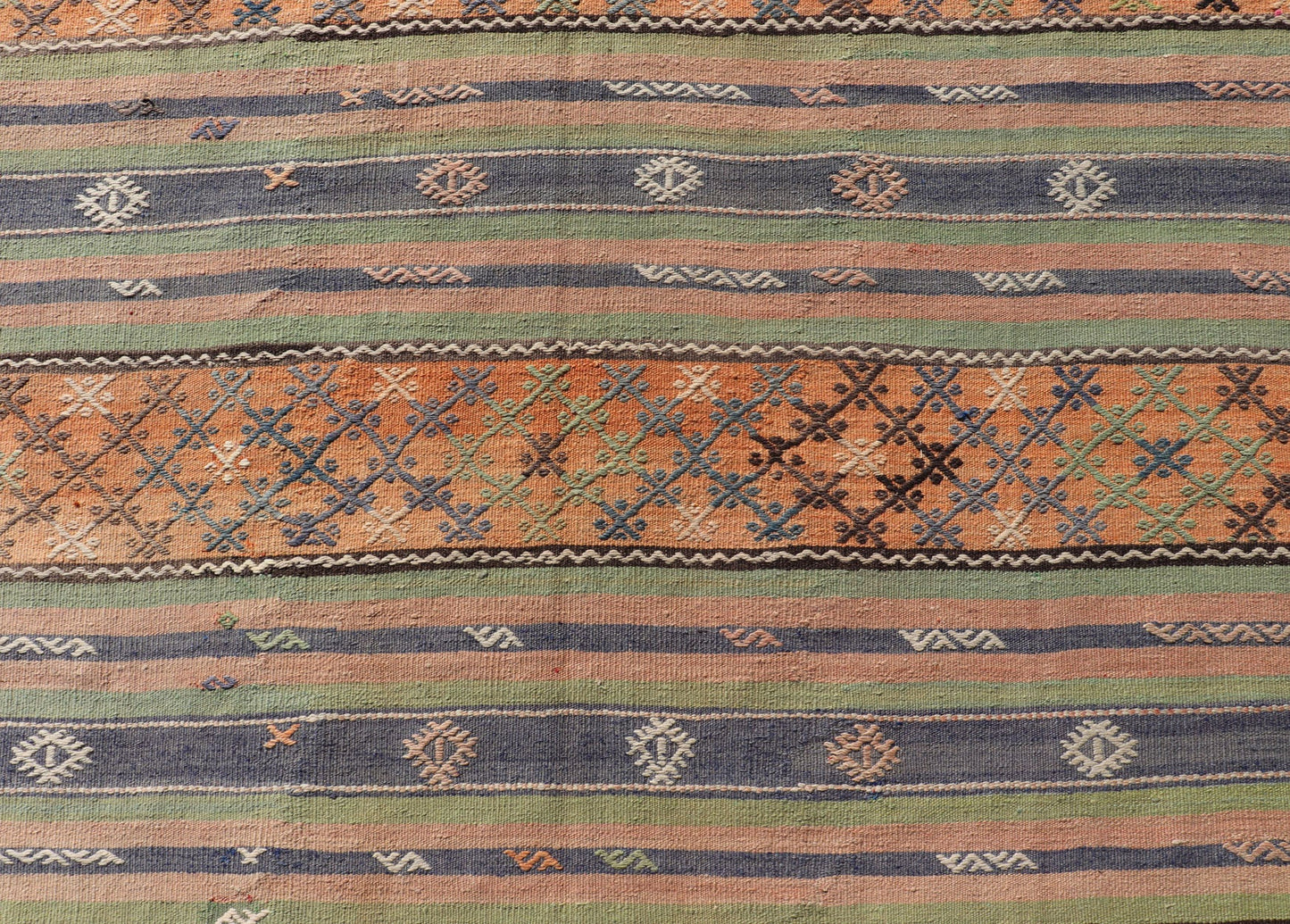 Colorful Turkish Kilim with Stripes and Geometric Motifs in Orange and Green Colorful Turkish Kilim rug with stripes and geometric elements, Keivan Woven Arts / rug TU - NED - 1034, country of origin / type: Turkey / Kilim, circa mid - 20th century. ... - Keivan Woven ArtsTU - NED - 1034 - 14346Rug