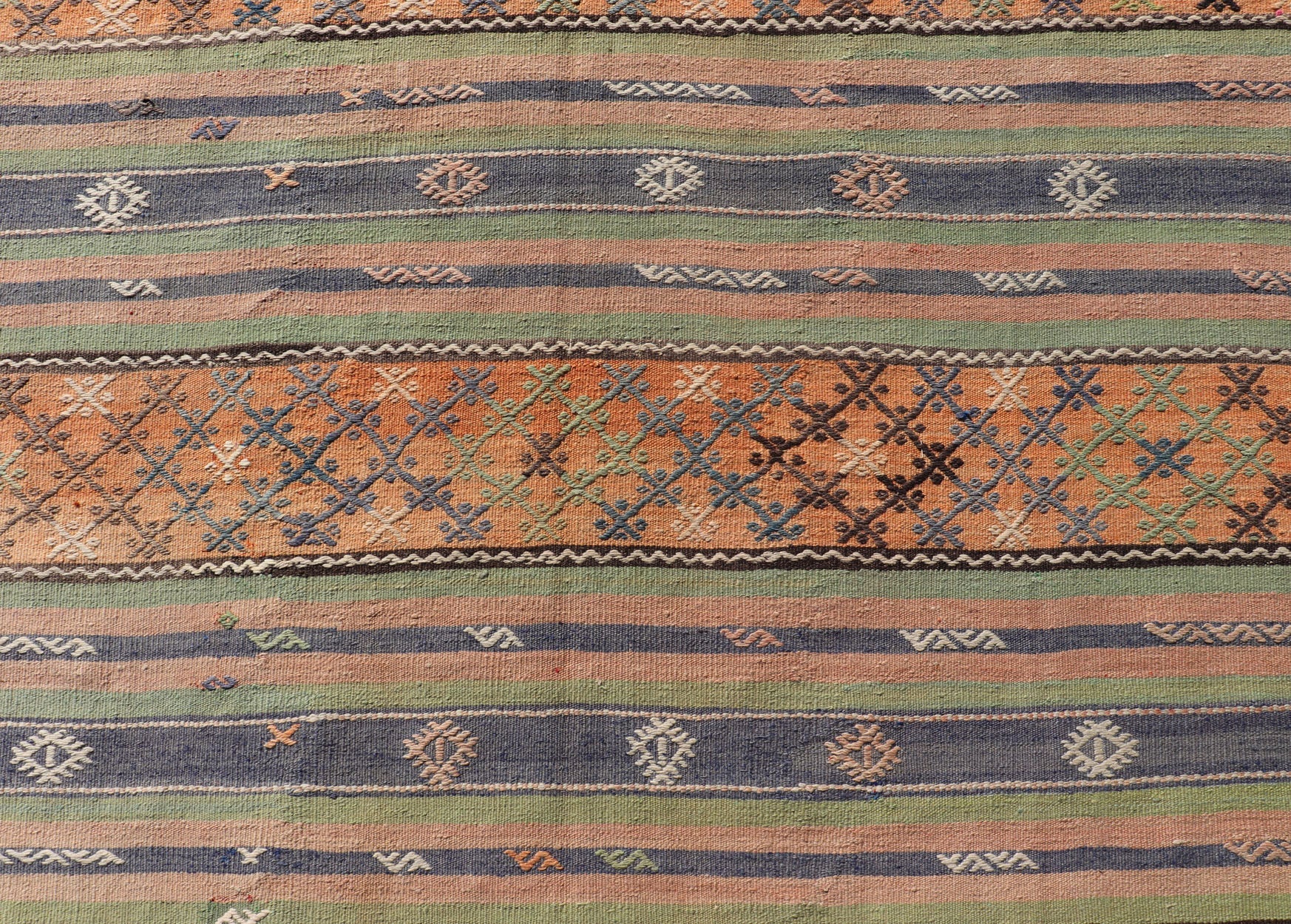 Colorful Turkish Kilim with Stripes and Geometric Motifs in Orange and Green Colorful Turkish Kilim rug with stripes and geometric elements, Keivan Woven Arts / rug TU - NED - 1034, country of origin / type: Turkey / Kilim, circa mid - 20th century. ... - Keivan Woven ArtsTU - NED - 1034 - 14346Rug