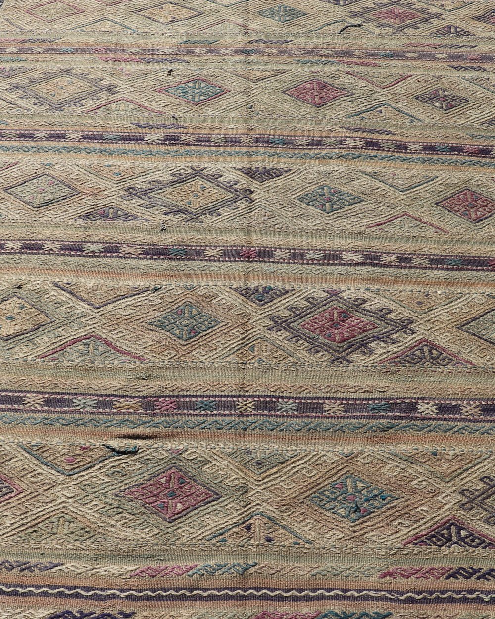 Flat - Weave Kilim with Geometric Stripes and Embroideries made in Turkey. Vintage Embroidered flat weave. Stripe design Embroideries Kilim flat weave with geometric motifs, Color tones include various shades of gray, blues, pinks, cream, with hin... - Keivan Woven ArtsTU - NED - 1037 - 14352Rug