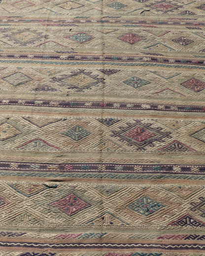 Flat - Weave Kilim with Geometric Stripes and Embroideries made in Turkey. Vintage Embroidered flat weave. Stripe design Embroideries Kilim flat weave with geometric motifs, Color tones include various shades of gray, blues, pinks, cream, with hin... - Keivan Woven ArtsTU - NED - 1037 - 14352Rug