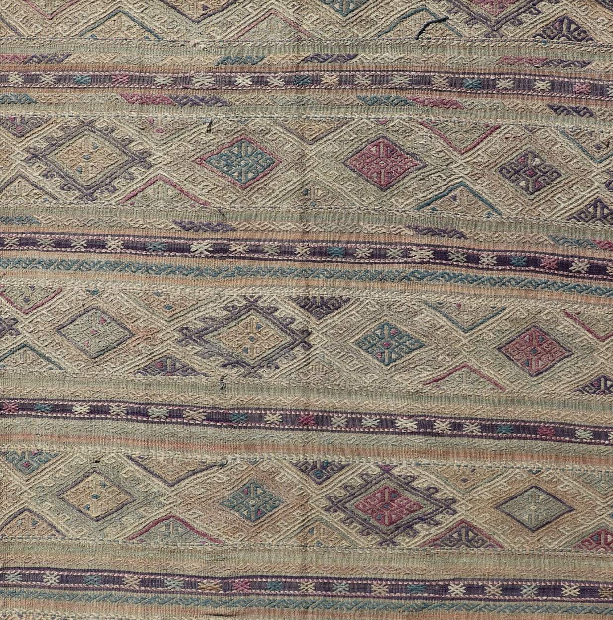 Flat - Weave Kilim with Geometric Stripes and Embroideries made in Turkey. Vintage Embroidered flat weave. Stripe design Embroideries Kilim flat weave with geometric motifs, Color tones include various shades of gray, blues, pinks, cream, with hin... - Keivan Woven ArtsTU - NED - 1037 - 14352Rug