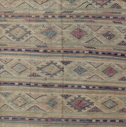 Flat - Weave Kilim with Geometric Stripes and Embroideries made in Turkey. Vintage Embroidered flat weave. Stripe design Embroideries Kilim flat weave with geometric motifs, Color tones include various shades of gray, blues, pinks, cream, with hin... - Keivan Woven ArtsTU - NED - 1037 - 14352Rug