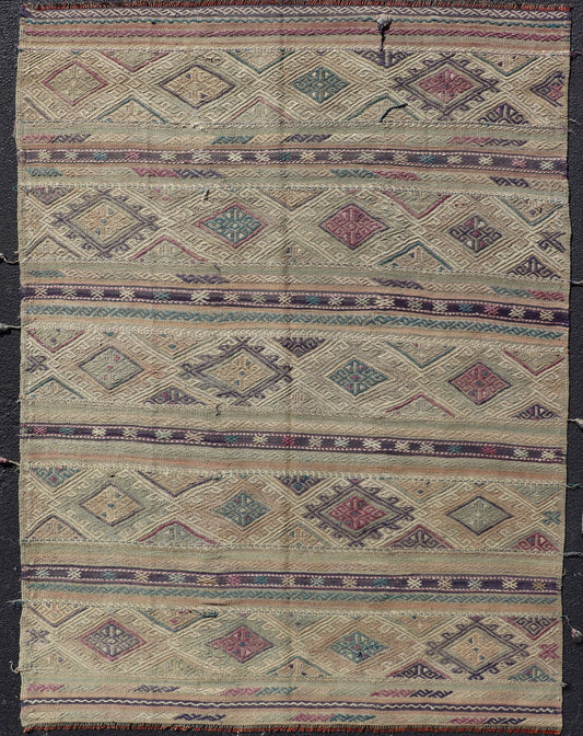Flat - Weave Kilim with Geometric Stripes and Embroideries made in Turkey. Vintage Embroidered flat weave. Stripe design Embroideries Kilim flat weave with geometric motifs, Color tones include various shades of gray, blues, pinks, cream, with hin... - Keivan Woven ArtsTU - NED - 1037 - 14352