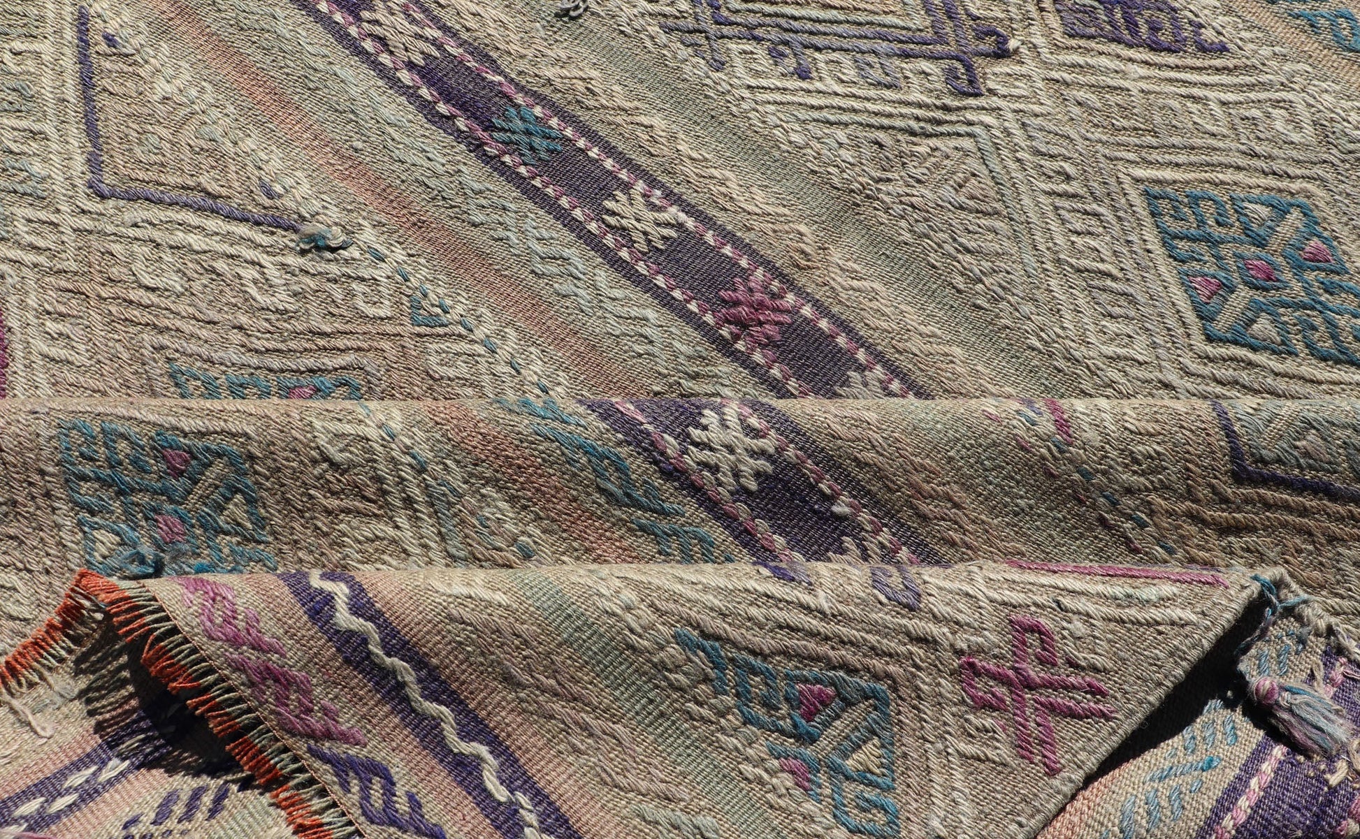 Flat - Weave Kilim with Geometric Stripes and Embroideries made in Turkey. Vintage Embroidered flat weave. Stripe design Embroideries Kilim flat weave with geometric motifs, Color tones include various shades of gray, blues, pinks, cream, with hin... - Keivan Woven ArtsTU - NED - 1037 - 14352Rug