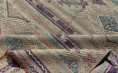 Flat - Weave Kilim with Geometric Stripes and Embroideries made in Turkey. Vintage Embroidered flat weave. Stripe design Embroideries Kilim flat weave with geometric motifs, Color tones include various shades of gray, blues, pinks, cream, with hin... - Keivan Woven ArtsTU - NED - 1037 - 14352Rug