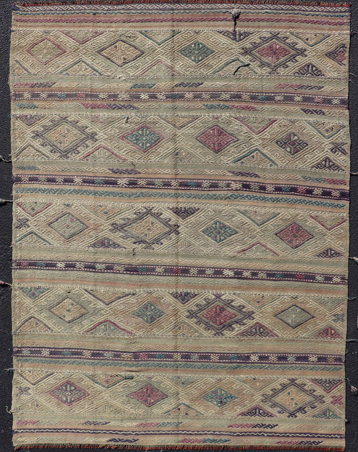 Flat - Weave Kilim with Geometric Stripes and Embroideries made in Turkey. Vintage Embroidered flat weave. Stripe design Embroideries Kilim flat weave with geometric motifs, Color tones include various shades of gray, blues, pinks, cream, with hin... - Keivan Woven ArtsTU - NED - 1037 - 14352Rug