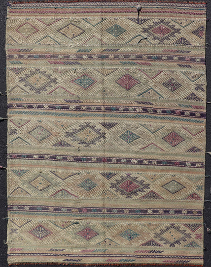 Flat - Weave Kilim with Geometric Stripes and Embroideries made in Turkey. Vintage Embroidered flat weave. Stripe design Embroideries Kilim flat weave with geometric motifs, Color tones include various shades of gray, blues, pinks, cream, with hin... - Keivan Woven ArtsTU - NED - 1037 - 14352Rug