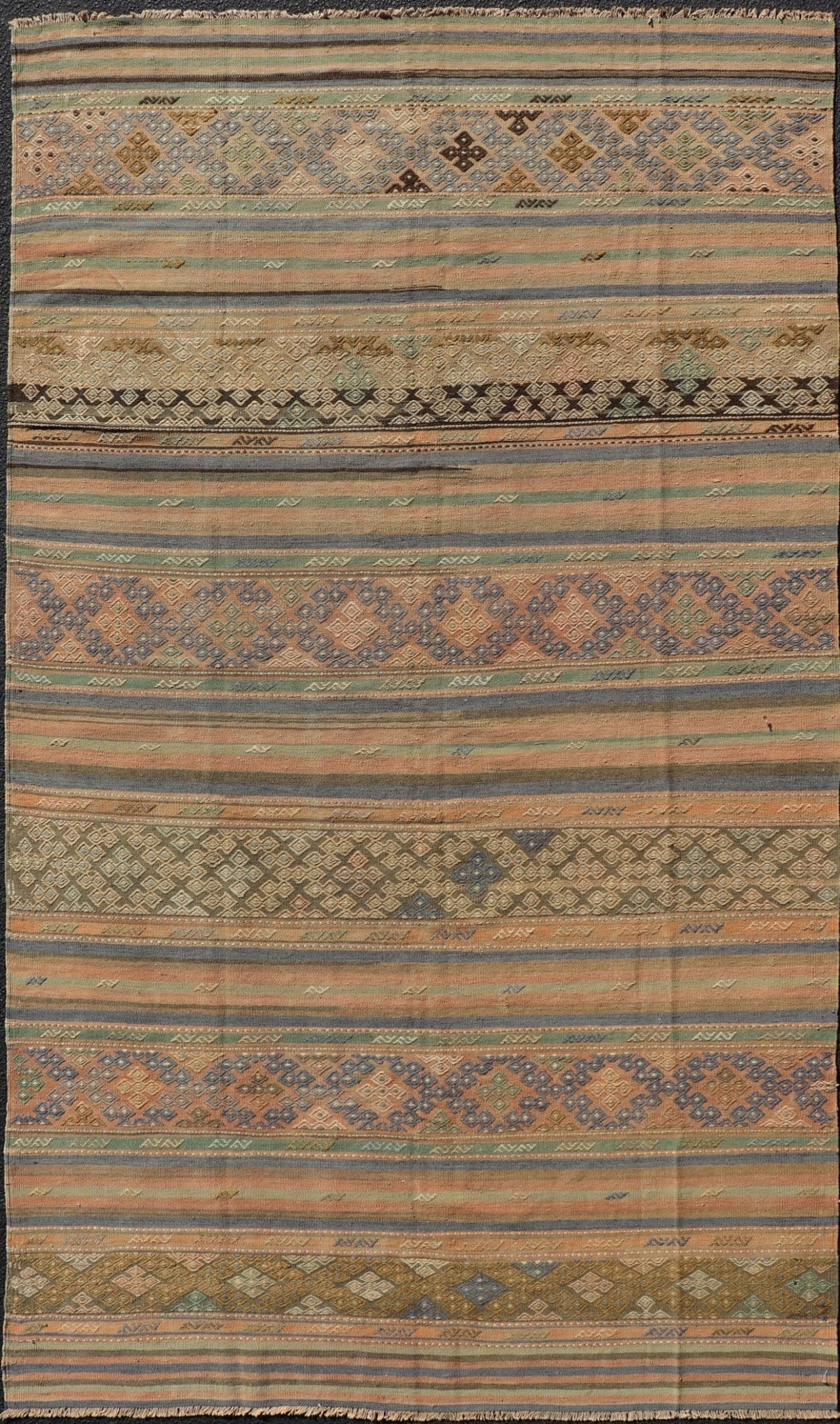 Vintage Striped Turkish Kilim Rug with Geometric Shapes and Soft Muted Colors. Vintage Turkish Kilim rug with geometric shapes and colorful stripes. Keivan Woven Arts / rug TU - NED - 1038, country of origin / type: turkey / Kilim, circa mid - 20th ce... - Keivan Woven ArtsTU - NED - 1038 - 14356Rug