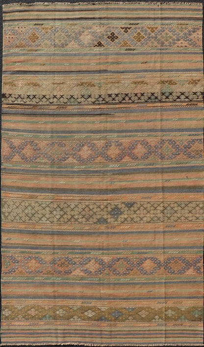 Vintage Striped Turkish Kilim Rug with Geometric Shapes and Soft Muted Colors. Vintage Turkish Kilim rug with geometric shapes and colorful stripes. Keivan Woven Arts / rug TU - NED - 1038, country of origin / type: turkey / Kilim, circa mid - 20th ce... - Keivan Woven ArtsTU - NED - 1038 - 14356Rug