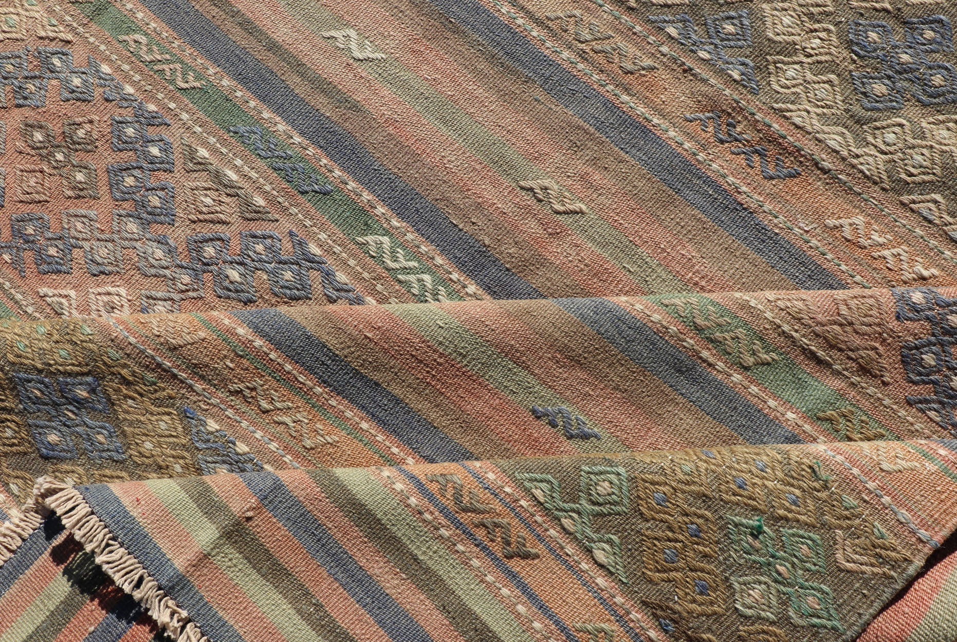 Vintage Striped Turkish Kilim Rug with Geometric Shapes and Soft Muted Colors. Vintage Turkish Kilim rug with geometric shapes and colorful stripes. Keivan Woven Arts / rug TU - NED - 1038, country of origin / type: turkey / Kilim, circa mid - 20th ce... - Keivan Woven ArtsTU - NED - 1038 - 14356Rug