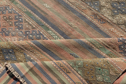 Vintage Striped Turkish Kilim Rug with Geometric Shapes and Soft Muted Colors. Vintage Turkish Kilim rug with geometric shapes and colorful stripes. Keivan Woven Arts / rug TU - NED - 1038, country of origin / type: turkey / Kilim, circa mid - 20th ce... - Keivan Woven ArtsTU - NED - 1038 - 14356Rug