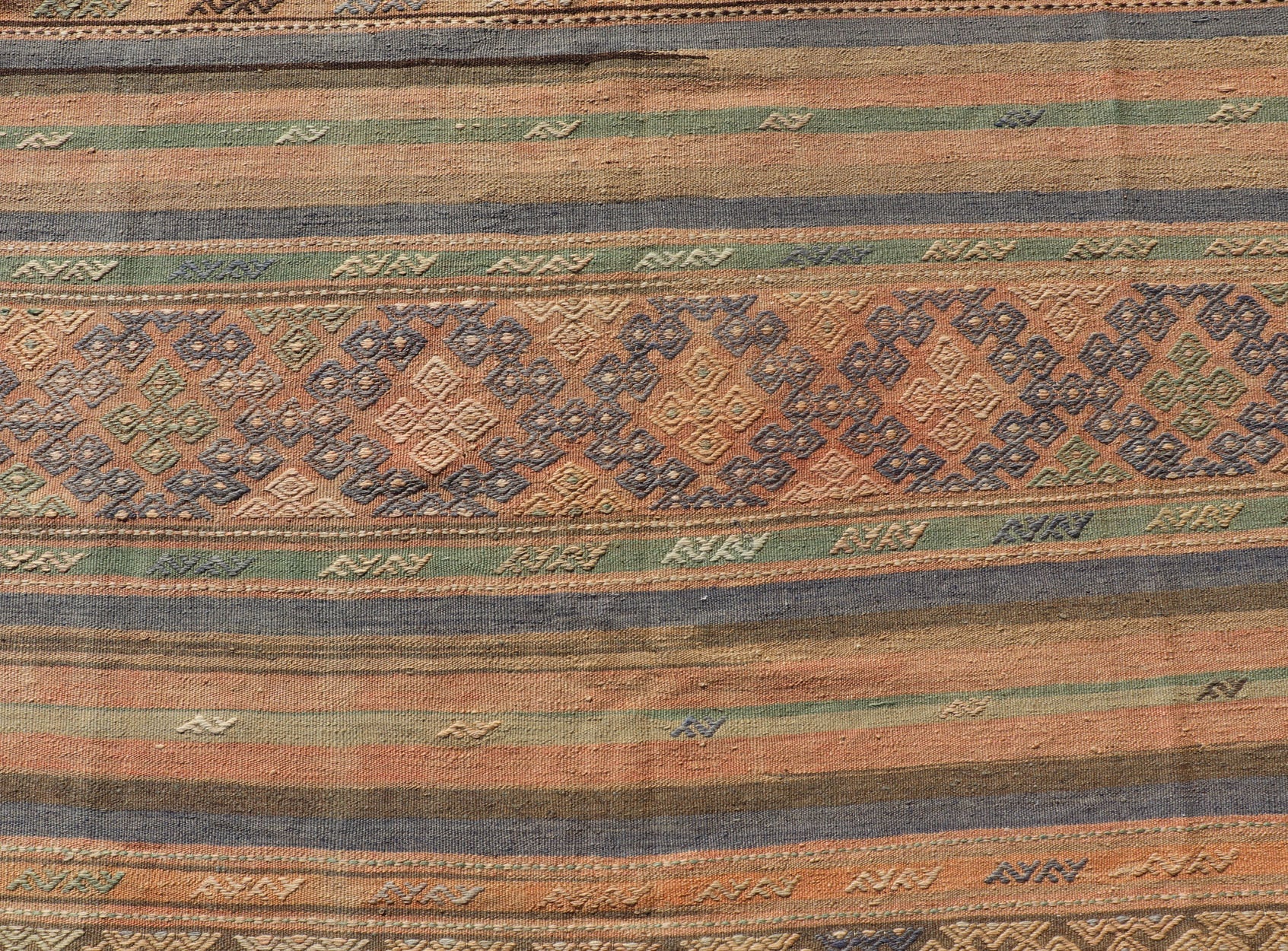 Vintage Striped Turkish Kilim Rug with Geometric Shapes and Soft Muted Colors. Vintage Turkish Kilim rug with geometric shapes and colorful stripes. Keivan Woven Arts / rug TU - NED - 1038, country of origin / type: turkey / Kilim, circa mid - 20th ce... - Keivan Woven ArtsTU - NED - 1038 - 14356Rug