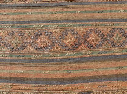 Vintage Striped Turkish Kilim Rug with Geometric Shapes and Soft Muted Colors. Vintage Turkish Kilim rug with geometric shapes and colorful stripes. Keivan Woven Arts / rug TU - NED - 1038, country of origin / type: turkey / Kilim, circa mid - 20th ce... - Keivan Woven ArtsTU - NED - 1038 - 14356Rug