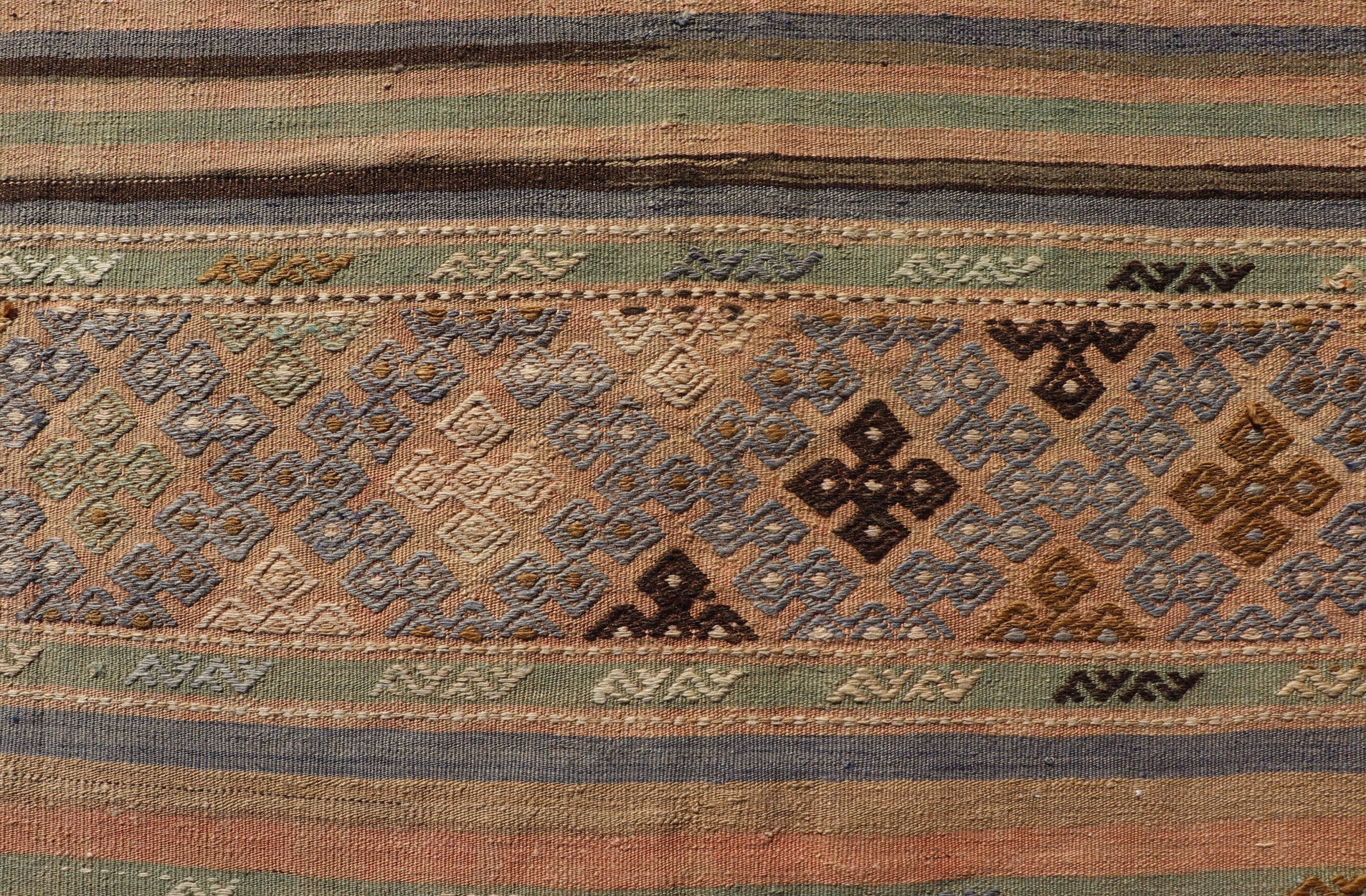 Vintage Striped Turkish Kilim Rug with Geometric Shapes and Soft Muted Colors. Vintage Turkish Kilim rug with geometric shapes and colorful stripes. Keivan Woven Arts / rug TU - NED - 1038, country of origin / type: turkey / Kilim, circa mid - 20th ce... - Keivan Woven ArtsTU - NED - 1038 - 14356Rug