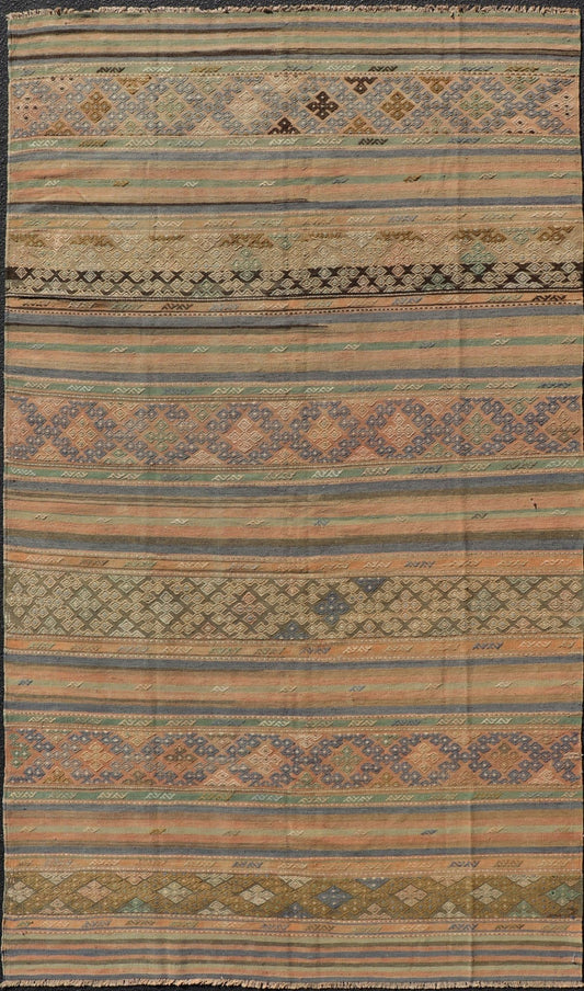 Vintage Striped Turkish Kilim Rug with Geometric Shapes and Soft Muted Colors. Vintage Turkish Kilim rug with geometric shapes and colorful stripes. Keivan Woven Arts / rug TU - NED - 1038, country of origin / type: turkey / Kilim, circa mid - 20th ce... - Keivan Woven ArtsTU - NED - 1038 - 14356