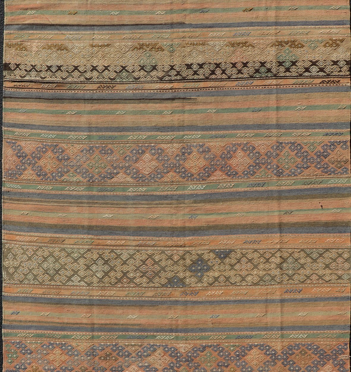 Vintage Striped Turkish Kilim Rug with Geometric Shapes and Soft Muted Colors. Vintage Turkish Kilim rug with geometric shapes and colorful stripes. Keivan Woven Arts / rug TU - NED - 1038, country of origin / type: turkey / Kilim, circa mid - 20th ce... - Keivan Woven ArtsTU - NED - 1038 - 14356Rug