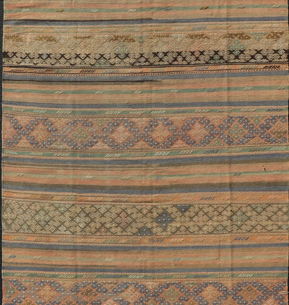 Vintage Striped Turkish Kilim Rug with Geometric Shapes and Soft Muted Colors. Vintage Turkish Kilim rug with geometric shapes and colorful stripes. Keivan Woven Arts / rug TU - NED - 1038, country of origin / type: turkey / Kilim, circa mid - 20th ce... - Keivan Woven ArtsTU - NED - 1038 - 14356Rug