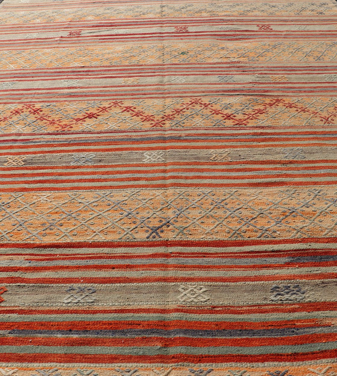 Colorful Vintage Turkish Embroidered Kilim with Stripes and Geometric Motifs. Geometric stripe design Kilim runner in multi - colors and softer tones, Keivan Woven Arts/ rug / TU - NED - 1039, country of origin / type: Turkey / Kilim, circa 1950 ... - Keivan Woven ArtsTU - NED - 1039 - 14362Rug