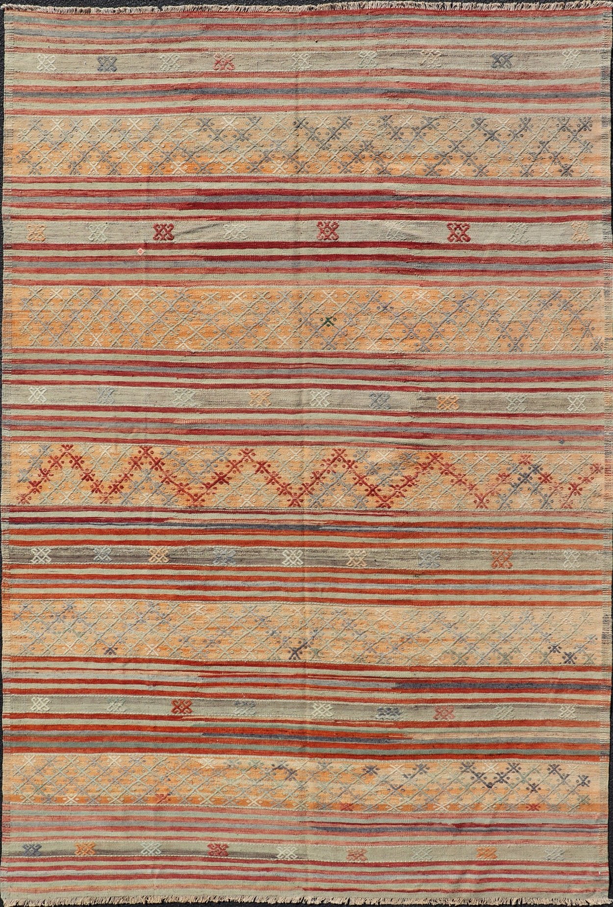 Colorful Vintage Turkish Embroidered Kilim with Stripes and Geometric Motifs. Geometric stripe design Kilim runner in multi - colors and softer tones, Keivan Woven Arts/ rug / TU - NED - 1039, country of origin / type: Turkey / Kilim, circa 1950 ... - Keivan Woven ArtsTU - NED - 1039 - 14362Rug