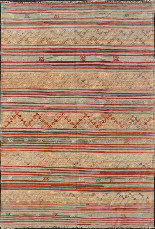 Colorful Vintage Turkish Embroidered Kilim with Stripes and Geometric Motifs. Geometric stripe design Kilim runner in multi - colors and softer tones, Keivan Woven Arts/ rug / TU - NED - 1039, country of origin / type: Turkey / Kilim, circa 1950 ... - Keivan Woven ArtsTU - NED - 1039 - 14362