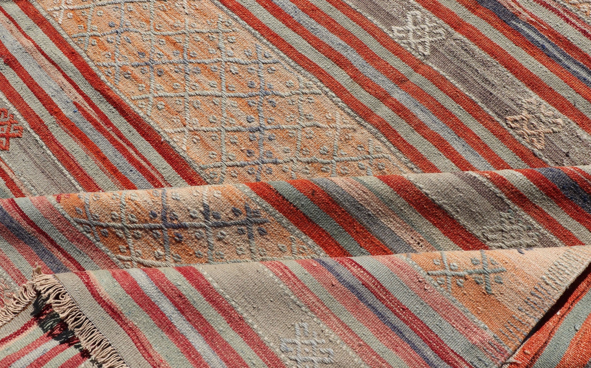 Colorful Vintage Turkish Embroidered Kilim with Stripes and Geometric Motifs. Geometric stripe design Kilim runner in multi - colors and softer tones, Keivan Woven Arts/ rug / TU - NED - 1039, country of origin / type: Turkey / Kilim, circa 1950 ... - Keivan Woven ArtsTU - NED - 1039 - 14362Rug