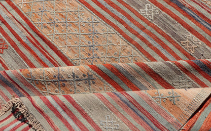 Colorful Vintage Turkish Embroidered Kilim with Stripes and Geometric Motifs. Geometric stripe design Kilim runner in multi - colors and softer tones, Keivan Woven Arts/ rug / TU - NED - 1039, country of origin / type: Turkey / Kilim, circa 1950 ... - Keivan Woven ArtsTU - NED - 1039 - 14362Rug