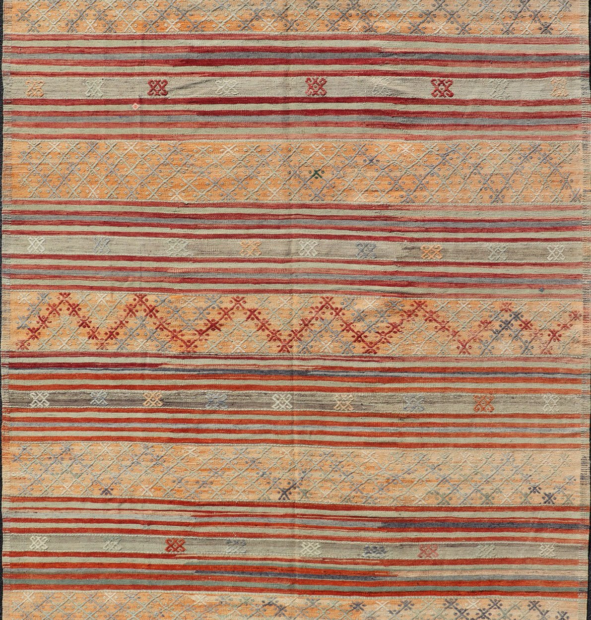 Colorful Vintage Turkish Embroidered Kilim with Stripes and Geometric Motifs. Geometric stripe design Kilim runner in multi - colors and softer tones, Keivan Woven Arts/ rug / TU - NED - 1039, country of origin / type: Turkey / Kilim, circa 1950 ... - Keivan Woven ArtsTU - NED - 1039 - 14362Rug