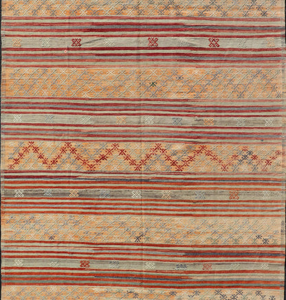 Colorful Vintage Turkish Embroidered Kilim with Stripes and Geometric Motifs. Geometric stripe design Kilim runner in multi - colors and softer tones, Keivan Woven Arts/ rug / TU - NED - 1039, country of origin / type: Turkey / Kilim, circa 1950 ... - Keivan Woven ArtsTU - NED - 1039 - 14362Rug